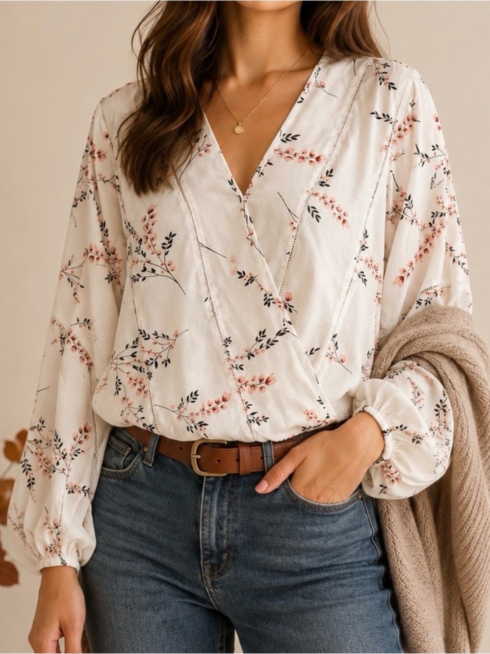 Sienna Sky Off-White Floral Faux Wrap Blouse long Sleeve Size S